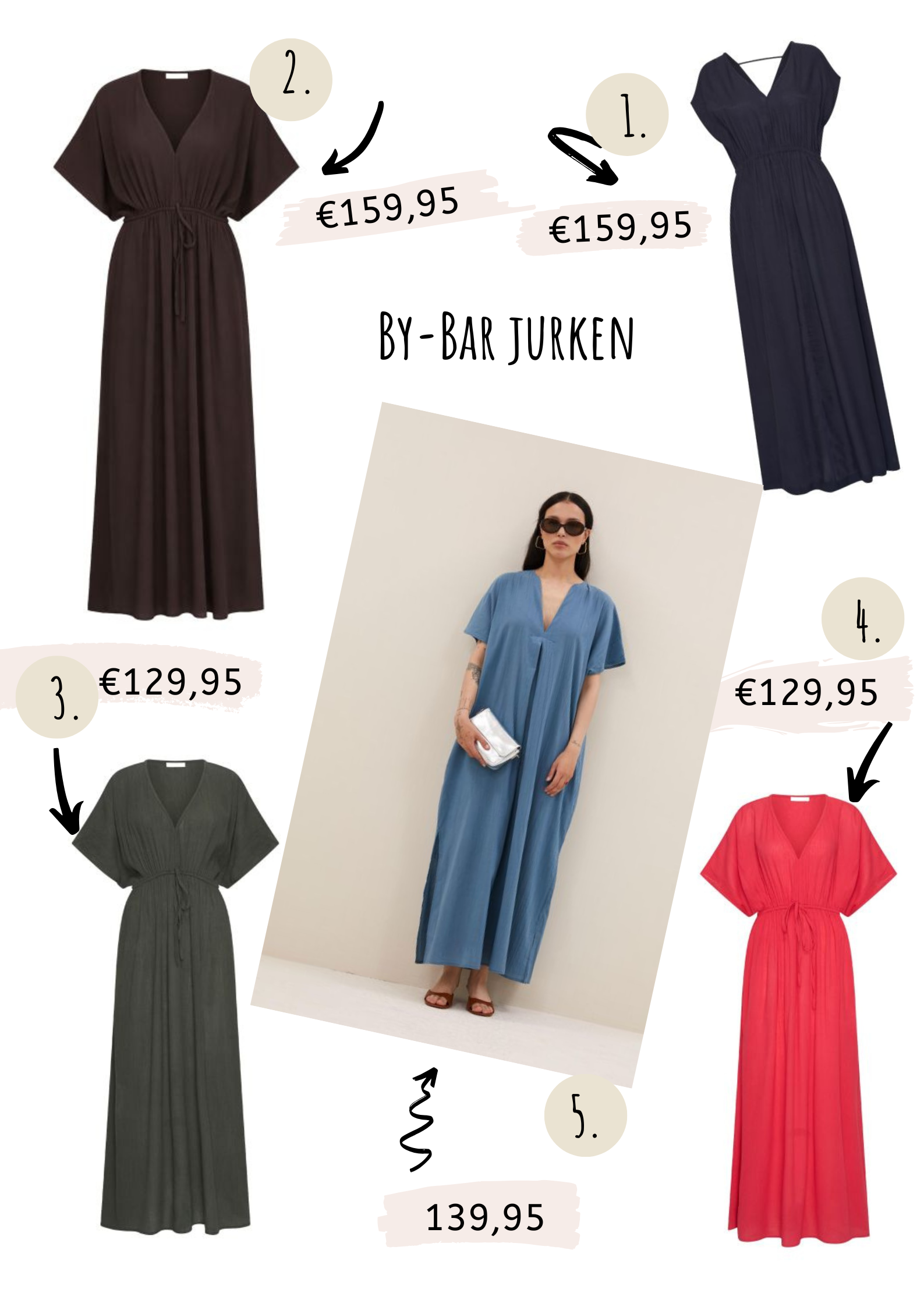 Collage met favoriete By Bar jurken zomer waaronder de Long Twill Dress en Hella Linen Dress verkrijgbaar bij Topsy Fashion